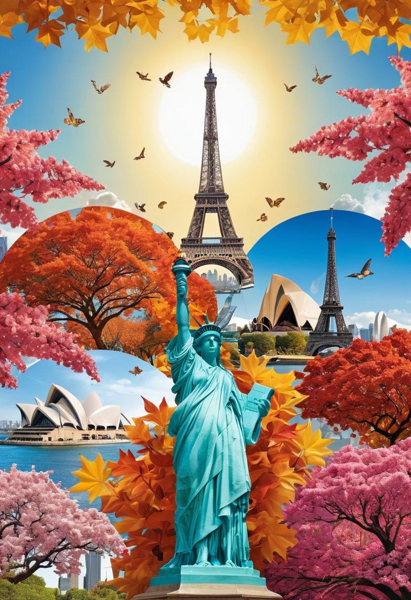A vibrant collage of iconic travel landmarks such as the Eiffel Tower, Statue of Liberty, and Sydney Opera House, surrounded by various seasonal imagery like winter snowflakes, summer sun, autumn leaves, and spring blossoms. Include eye-catching flight icons, representing unbeatable deals, with a bright blue sky as the background. This scene should evoke excitement and wanderlust, showcasing the essence of seasonal travel. super-realistic. vibrant colors. white background.