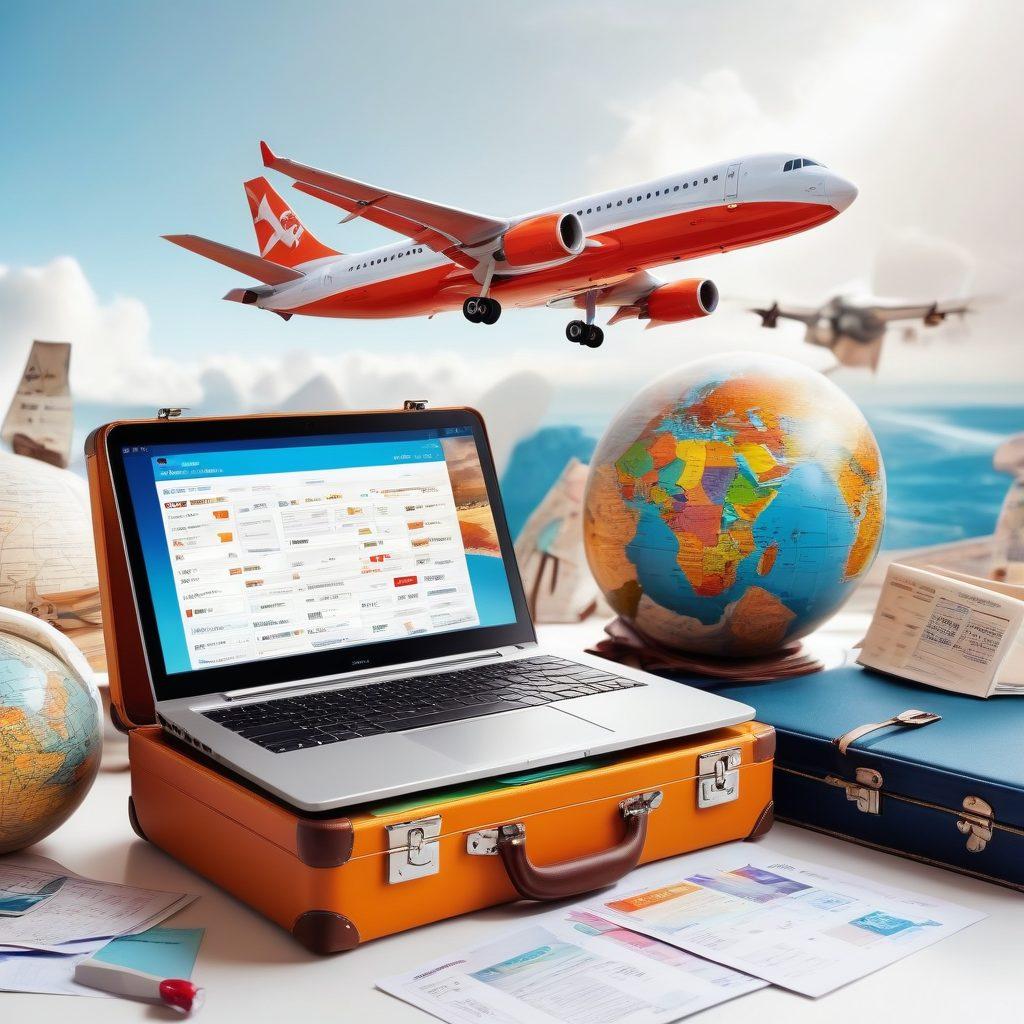 A traveler joyfully comparing flight prices on a laptop, surrounded by vibrant travel accessories like a globe, suitcase, and colorful boarding passes. Incorporate a bright, open sky with an airplane flying in the background, symbolizing affordable journeys. Include visual elements of discounts like price tags and arrows pointing downwards. super-realistic. vibrant colors. white background.