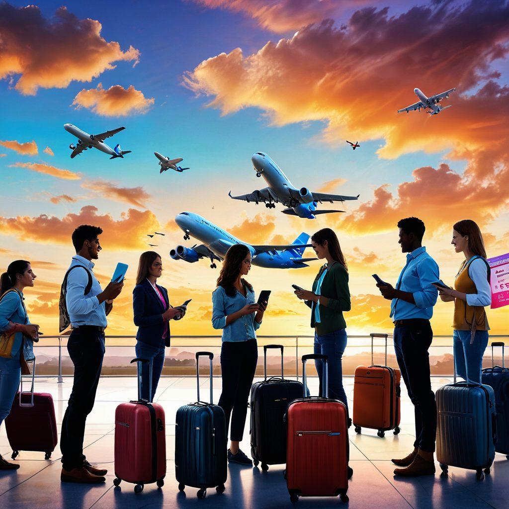 A serene airport scene at sunset, featuring a diverse group of travelers joyfully discussing flight deals and holding smartphones with visible discount notifications. Background shows an airplane taking off with a coupon paper flying beside it. Incorporate elements of travel essentials like luggage and boarding passes scattered around. super-realistic. vibrant colors. 3D.